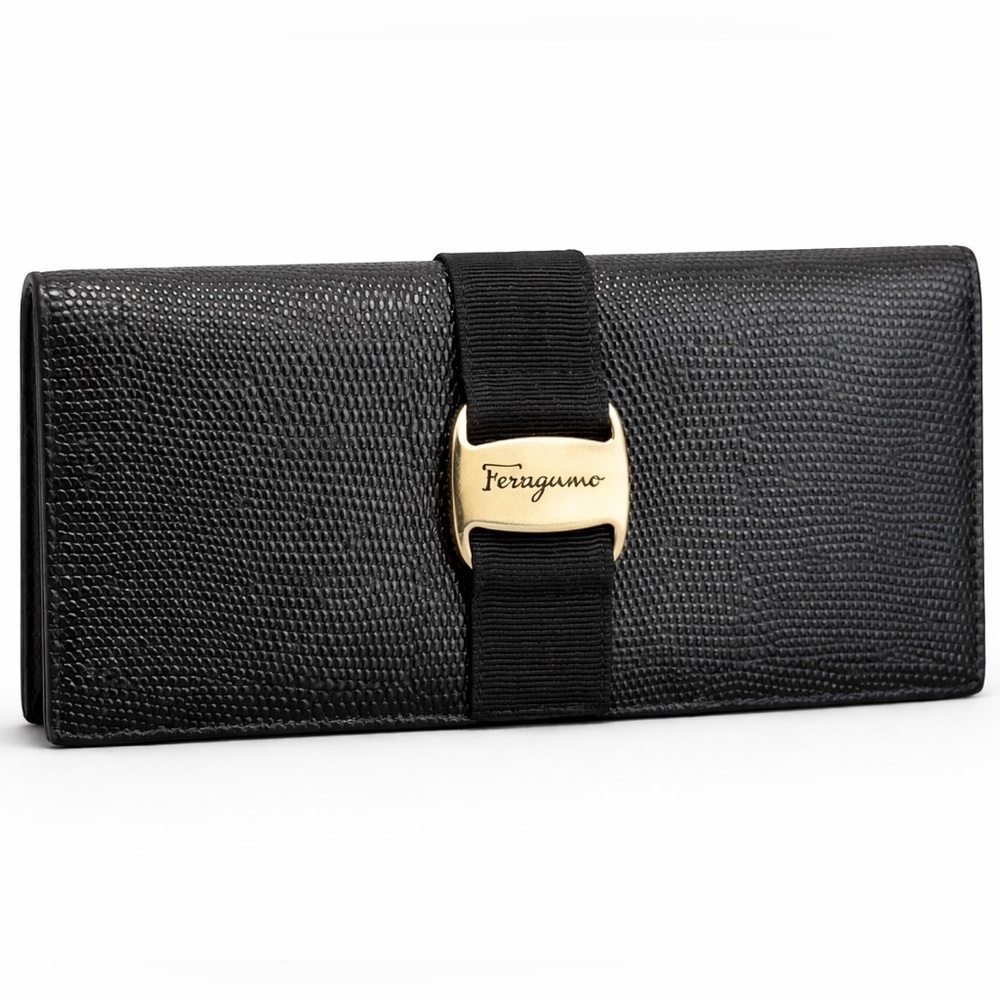 Ferragamo Black Lizard Embossed Leather Wallet Vara Grosgrain Gold Buckle